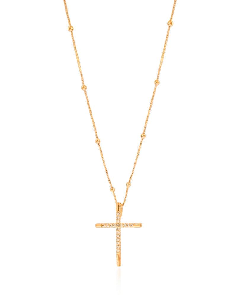 Gargantilha Veneziana Bolinhas Cruz Cravejada Cristal Banhado a Ouro 18K - 45 cm