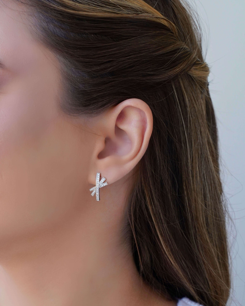 Brinco Palitos Entrelaçados Cravejados Cristal Ródio Branco