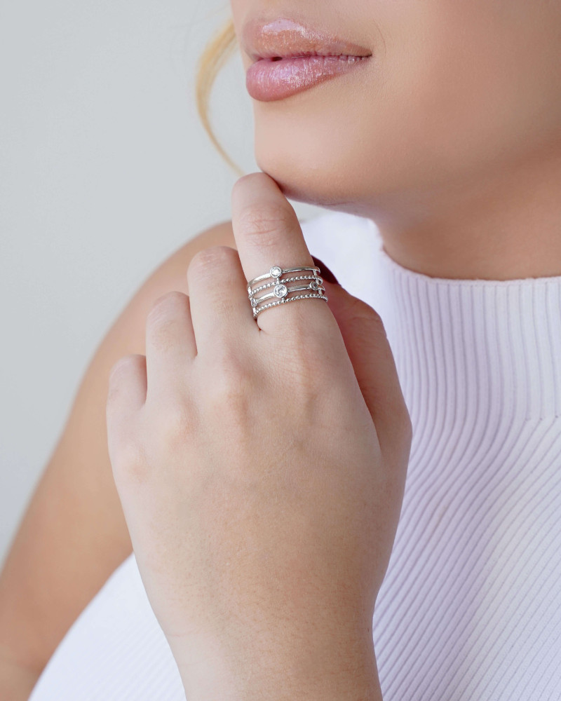 Anel Filetes Bolinhas Pontos de Luz Cristal Tamanho 16 Ródio Branco