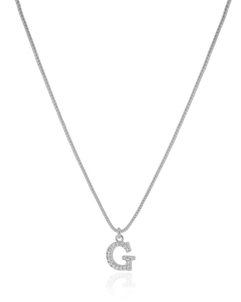 Gargantilha Veneziana Letra G Cravejada Cristal Ródio Branco - 45 cm