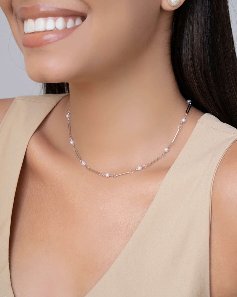 Choker Elos com Pérolas Ródio Branco - 32 cm