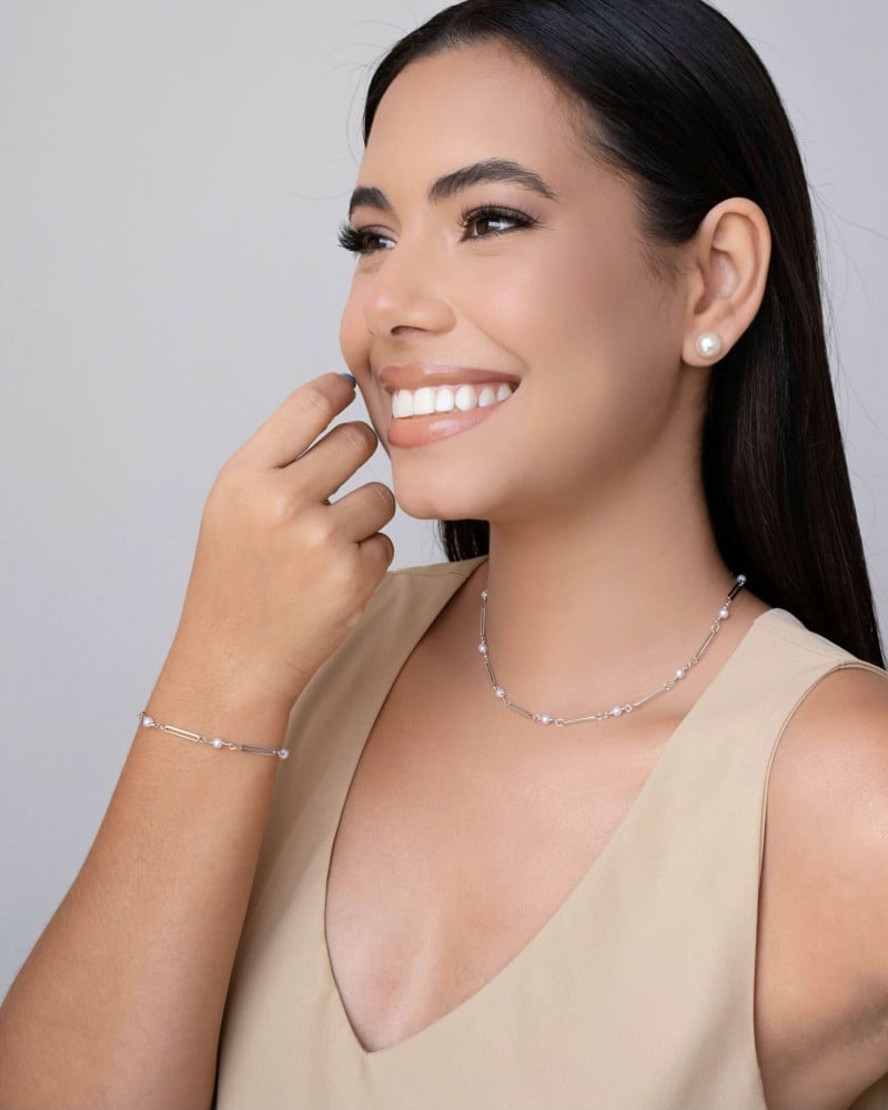 Choker Elos com Pérolas Ródio Branco - 32 cm