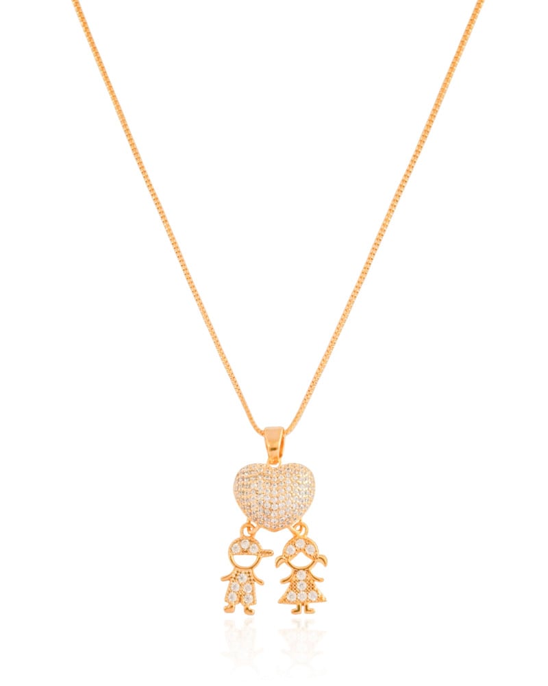 Gargantilha Coração Filho Menino Menina Cravejado Cristal Banhado a Ouro 18K - 45 cm