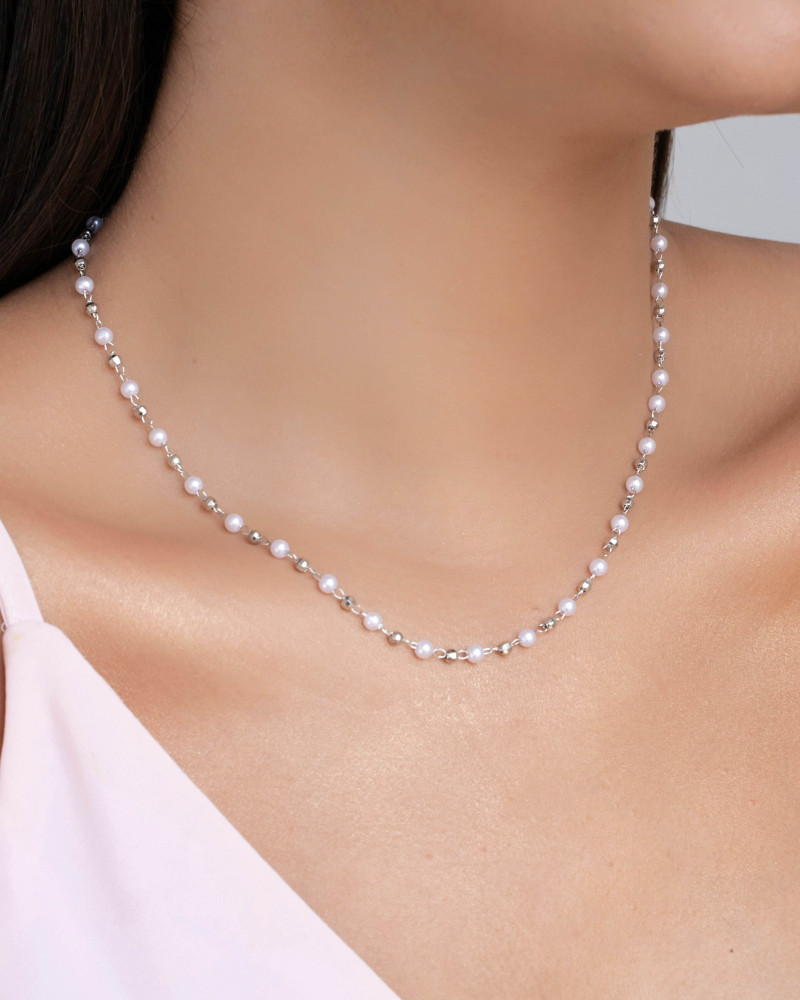 Gargantilha Pérolas Bolinhas Diamantadas Ródio Branco - 40 cm