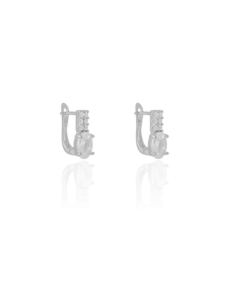 Brinco Argola Ponto de Luz Oval Retângulo Cravejado Cristal Ródio Branco