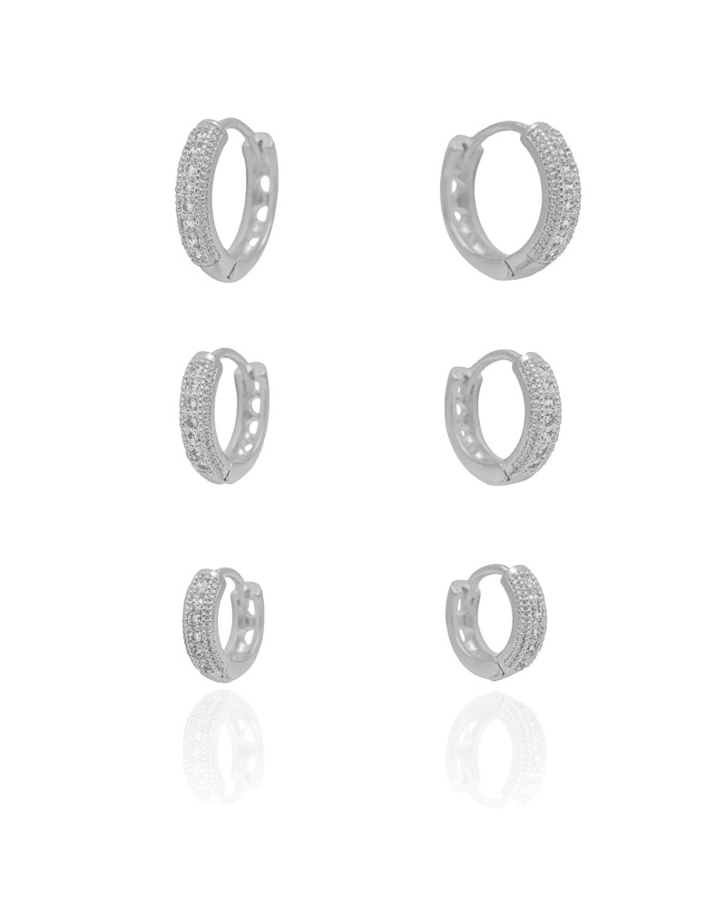 Trio de Argolas Cravejadas Cristal Ródio Branco
