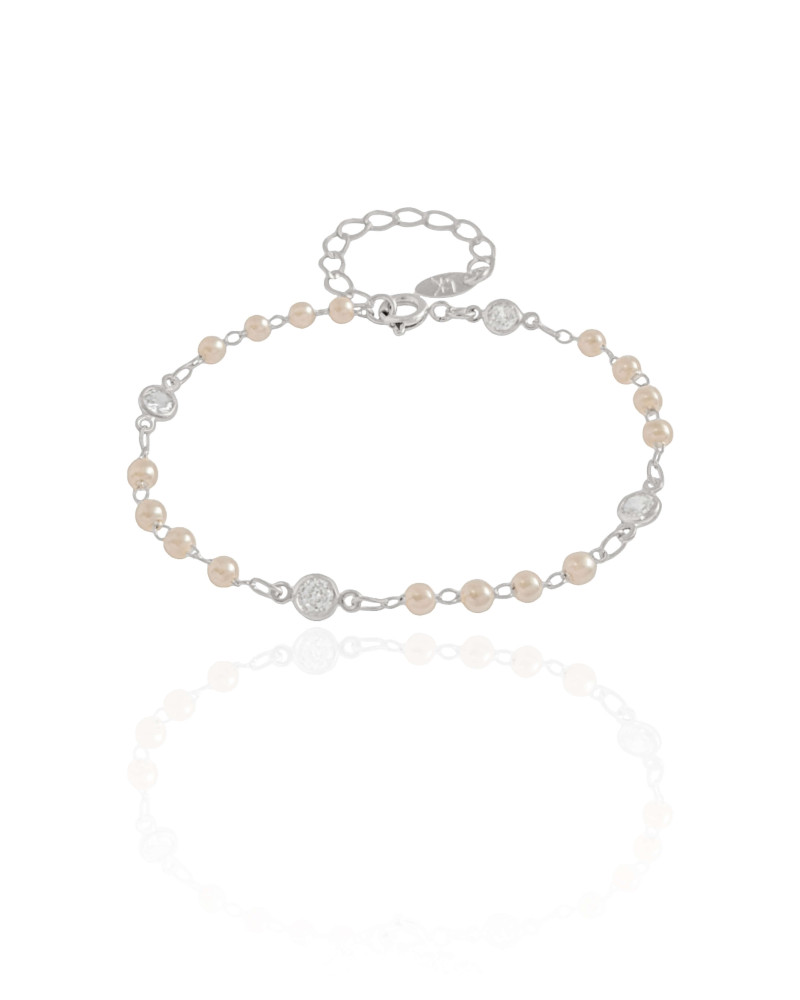 Pulseira Pérolas Pontos de Luz Cristal Ródio Branco