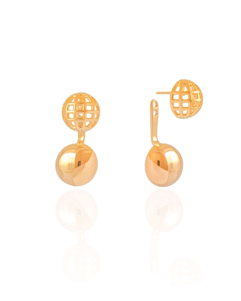 Ear Jacket Redondo Tela Meia Bola Lisa 3.2 cm Banhado a Ouro 18K