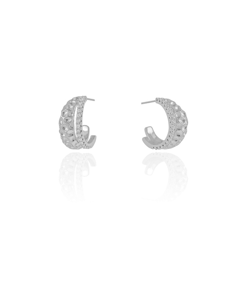 Brinco Argola Martelada Cravejada Cristal 1.5 cm Ródio Branco
