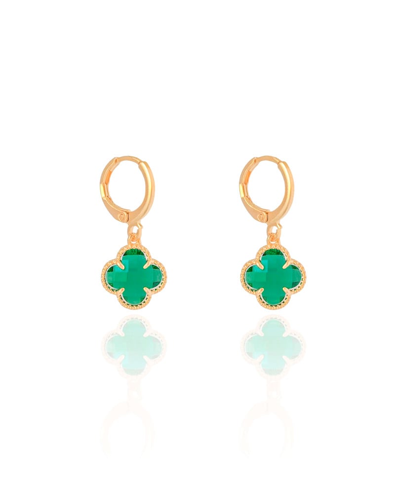 Brinco Argola Click Trevo Esmeralda 2.6 cm Banhado a Ouro 18K
