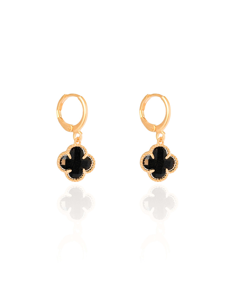 Brinco Argola Click Trevo Preto 2.6 cm Banhado a Ouro 18K