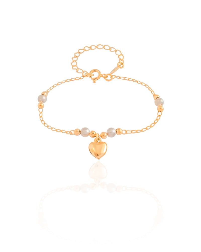 Pulseira Infantil Pérolas Coração Liso Banhado a Ouro 18K
