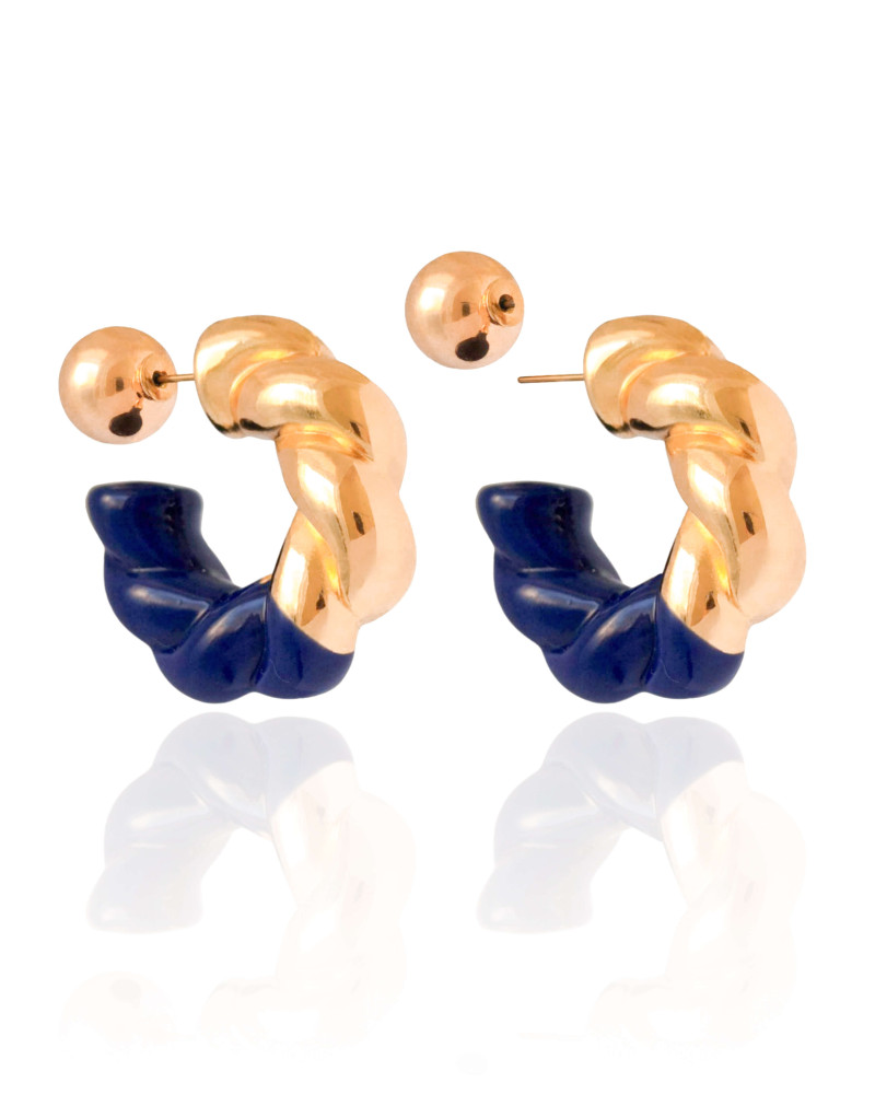 Brinco Argola Torcida Azul Bola Lisa 3.4 cm Banho Dourado