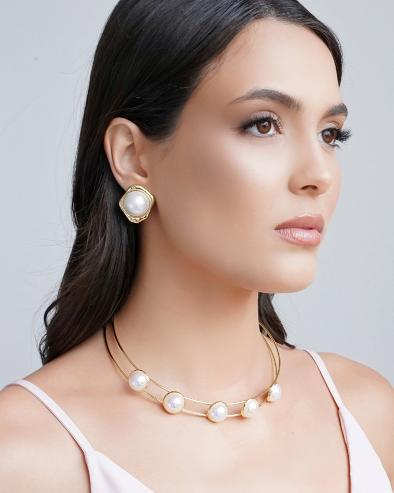 Conjunto Pérolas Aro Duplo Banho Dourado
