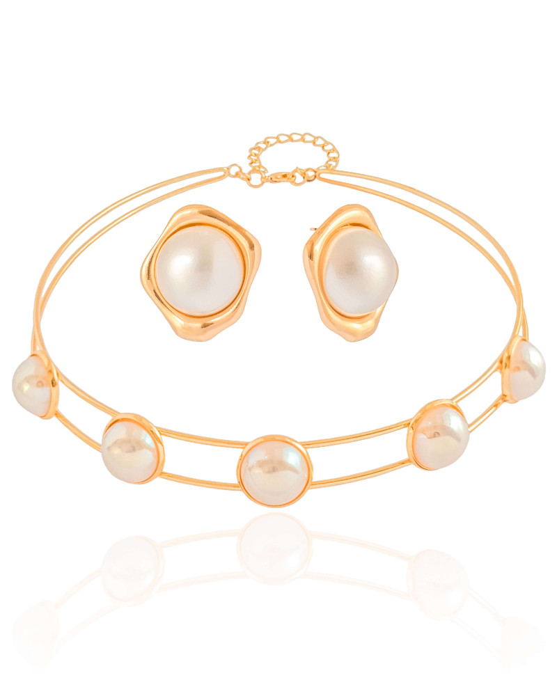 Conjunto Pérolas Aro Duplo Banho Dourado