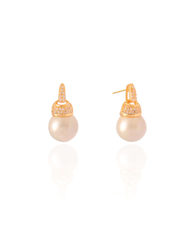 Brinco Cravejado Cristal Pérola 12 mm Banhado a Ouro 18K