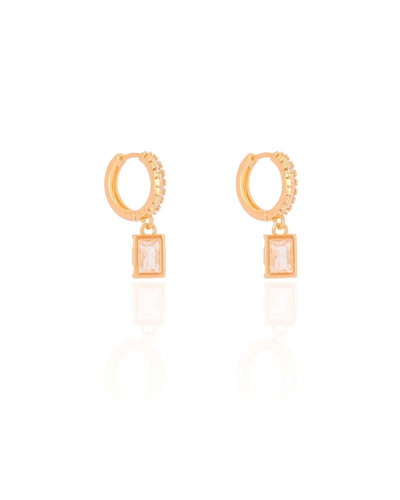 Brinco Argola Click Cravejado Cristal Retângulo 2.2 cm Banhado a Ouro 18K