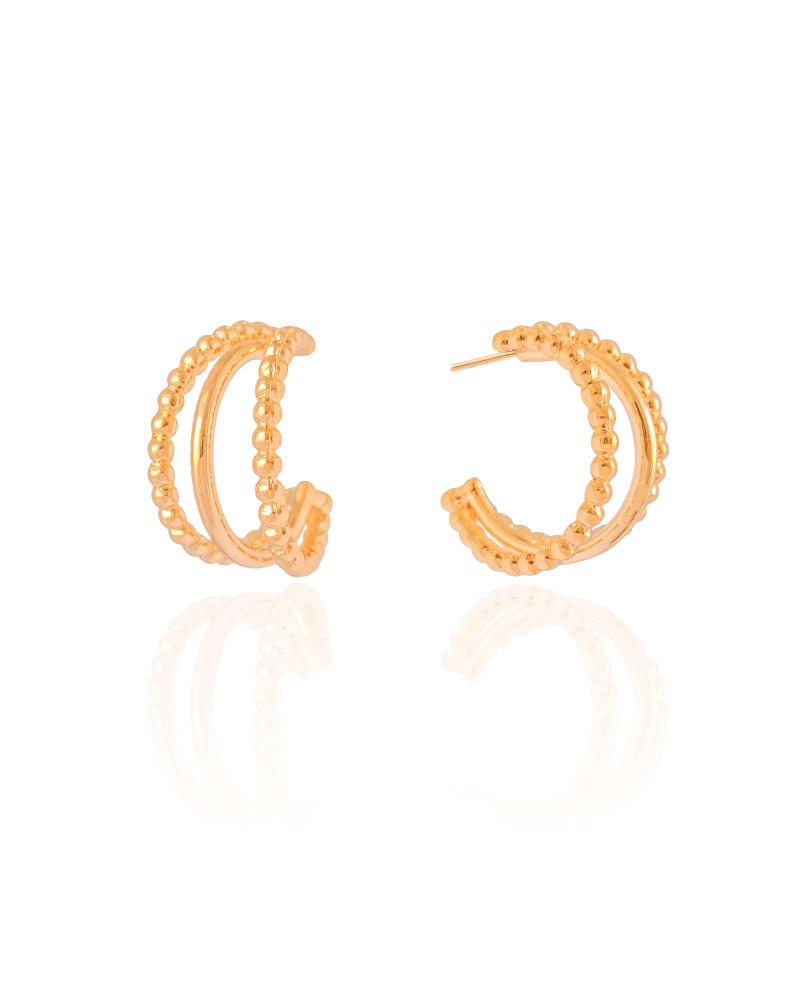 Brinco Meia Argola Três Filetes com Bolinhas Banhado a Ouro 18K