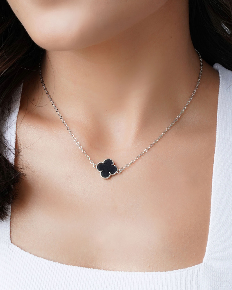 Choker Elos Trevo Preto 1.5 cm Ródio Branco