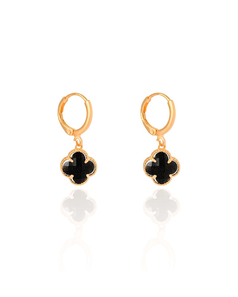 Brinco Argola Click Trevo Preto 2.8 cm Banhado a Ouro 18K