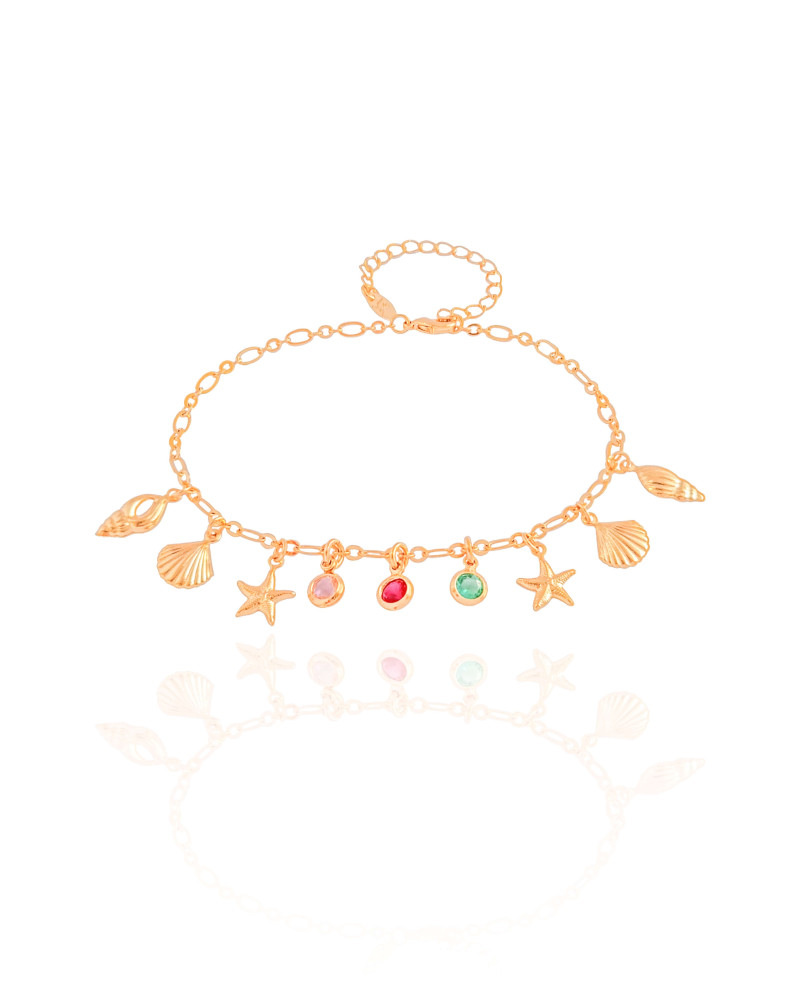 Pulseira Elos Conchas Estrelas Pontos de Luz Coloridos Banhado a Ouro 18K