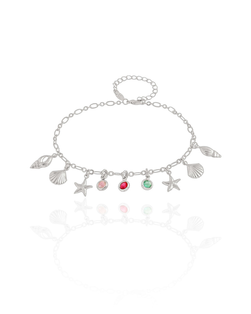 Pulseira Elos Conchas Estrelas Pontos de Luz Coloridos Ródio Branco