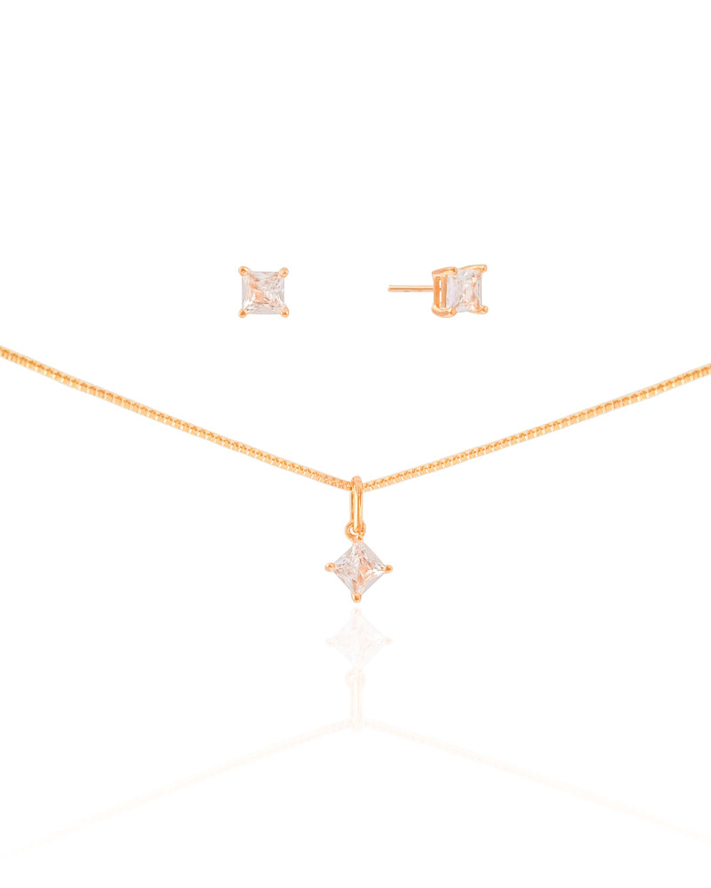 Conjunto Quadrado Cristal 4 mm Banhado a Ouro 18K