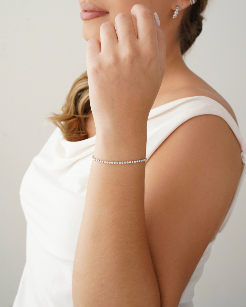 Pulseira Riviera Cristal 2 mm Fecho Gravata Ródio Branco