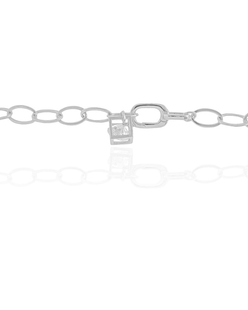 Gargantilha Gravata Ajustável Elos Ovais Cubo Ponto de Luz Cristal Ródio Branco - 45 cm