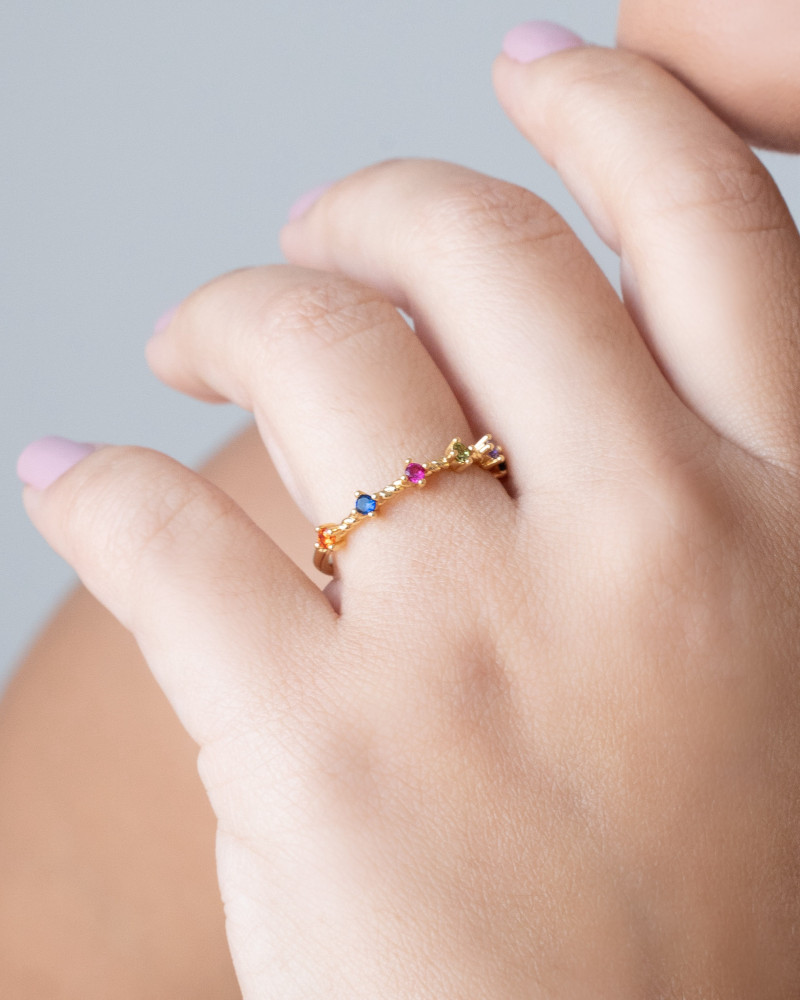 Anel Pontos de Luz Coloridos Tamanho 15 Banhado a Ouro 18K