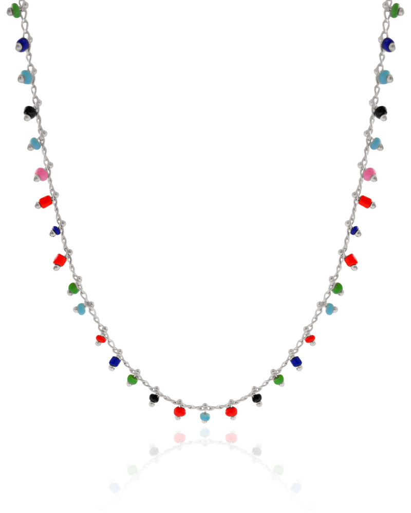 Choker Miçangas Coloridas Ródio Branco