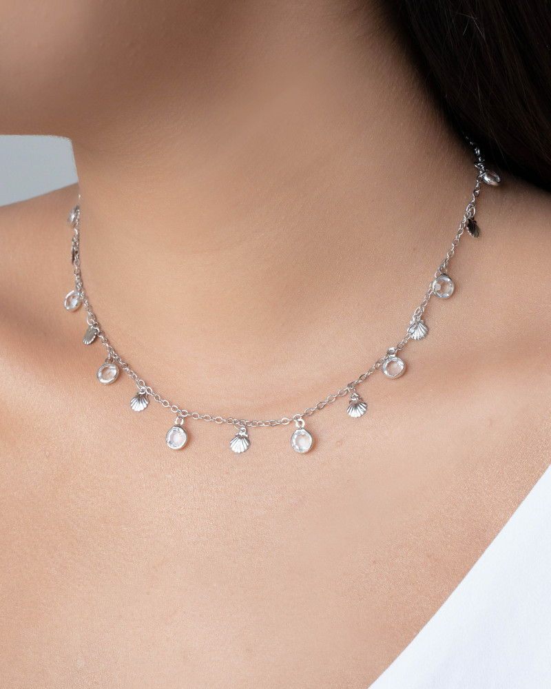 Choker Conchas Pontos de Luz Cristal Ródio Branco