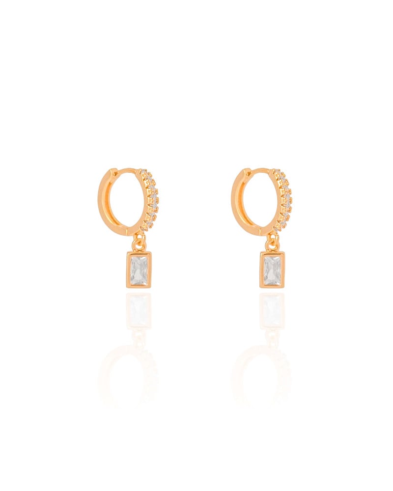 Brinco Argola Click Cravejada Pingente Retangular Cristal 2.0 cm Banhado a Ouro 18K