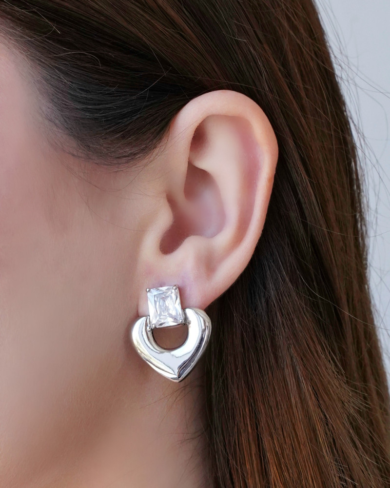 Brinco Coração Retângulo Cristal 2.4 cm Ródio Branco