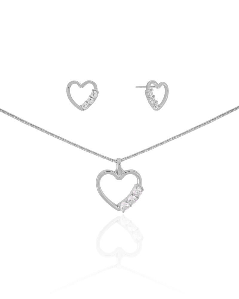 Conjunto Coração Pontos de Luz Cristal Ródio Branco
