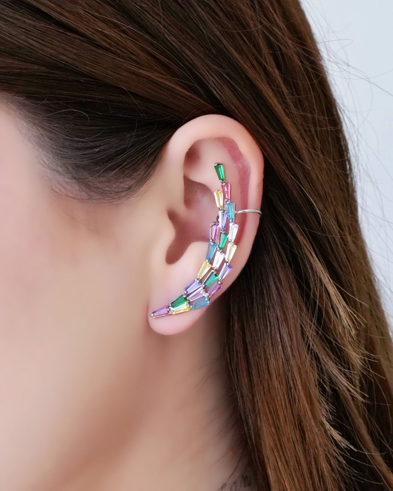 Ear Cuff Baguetes Coloridas 4.9 cm Ródio Branco