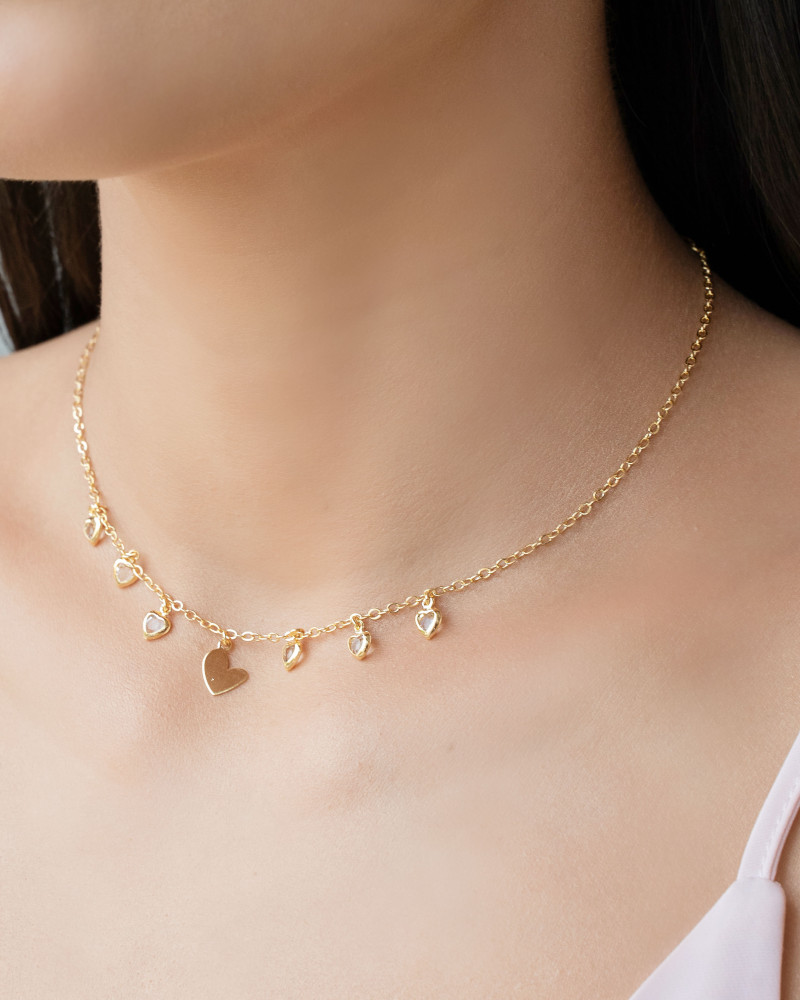 Choker Elos Corações Lisos e Cristal Banhado a Ouro 18K