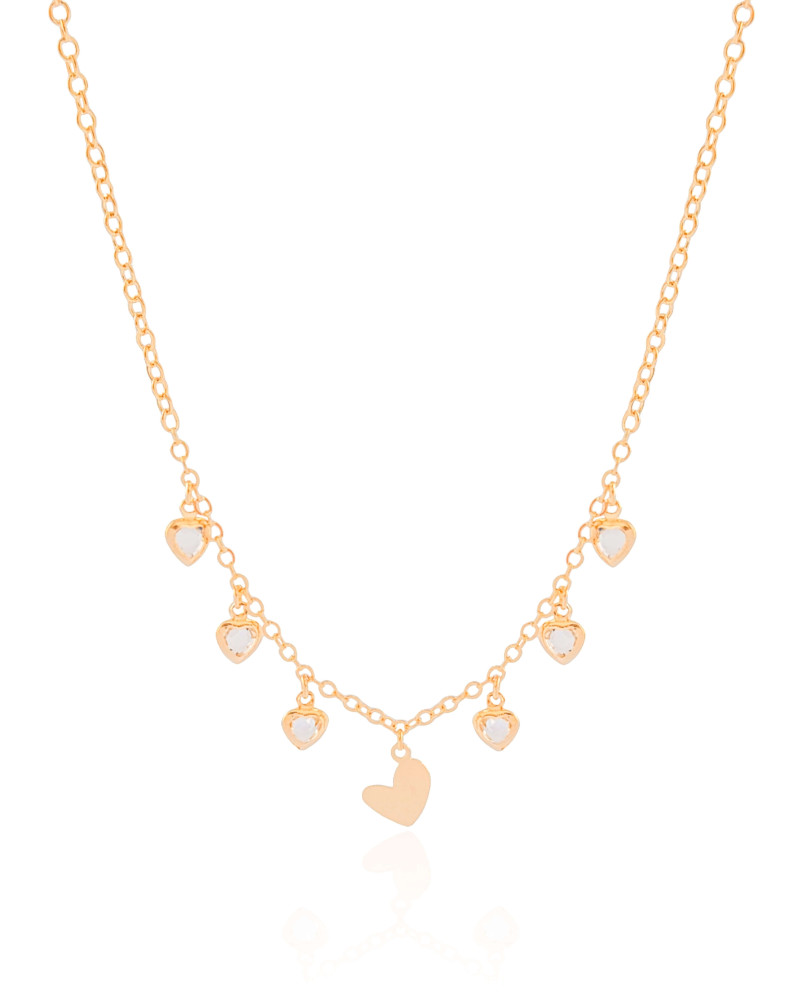 Choker Elos Corações Lisos e Cristal Banhado a Ouro 18K