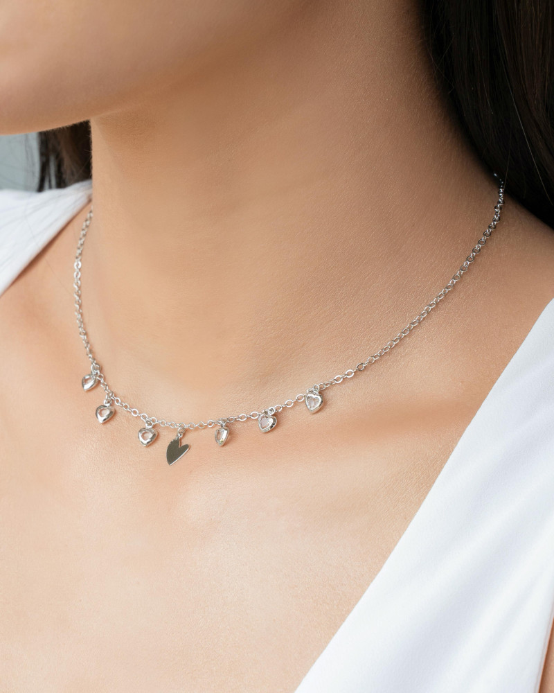 Choker Elos Corações Lisos e Cristal Ródio Branco