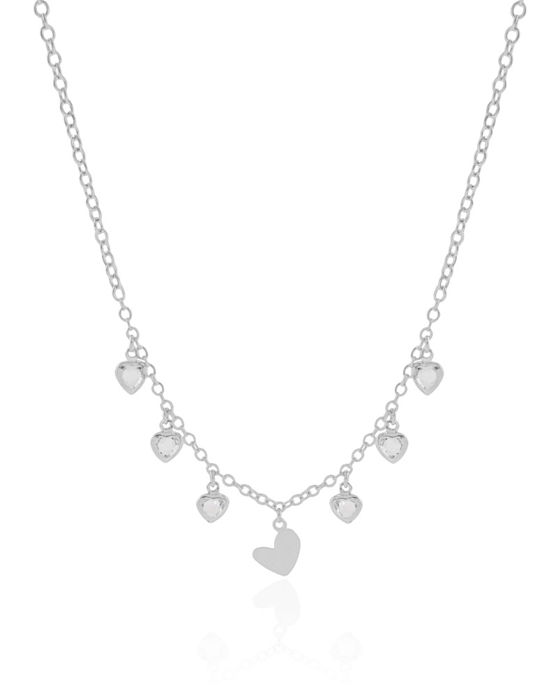 Choker Elos Corações Lisos e Cristal Ródio Branco