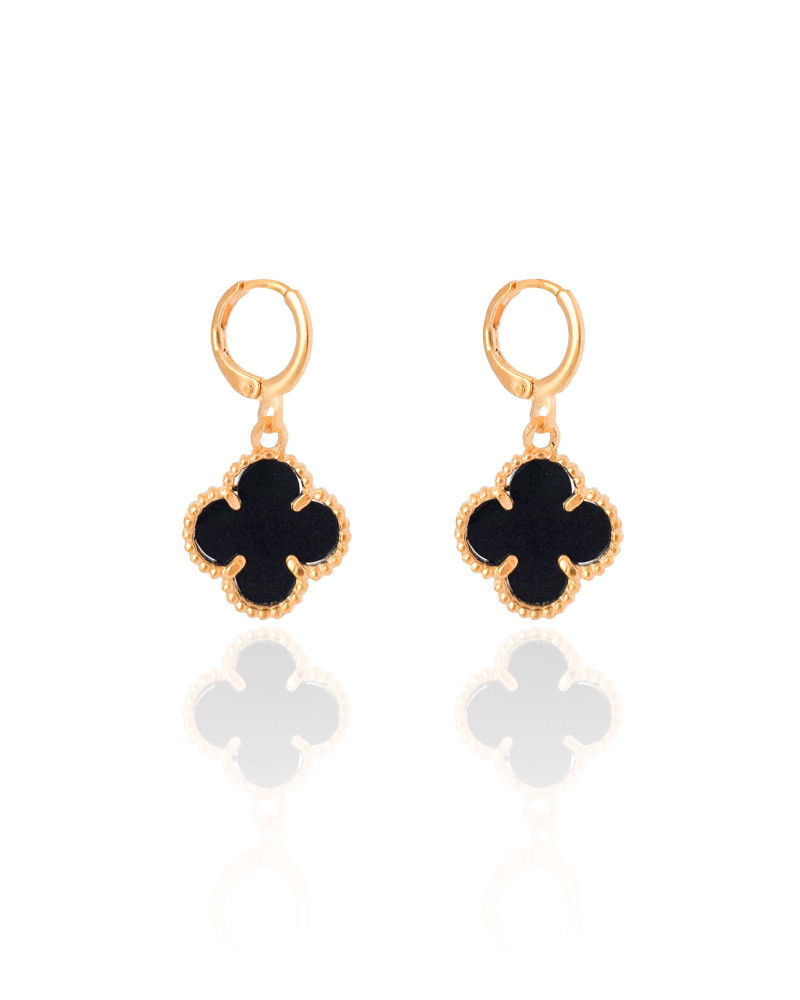 Brinco Argola Click Trevo Preto 3.2 cm Banhado a Ouro 18K