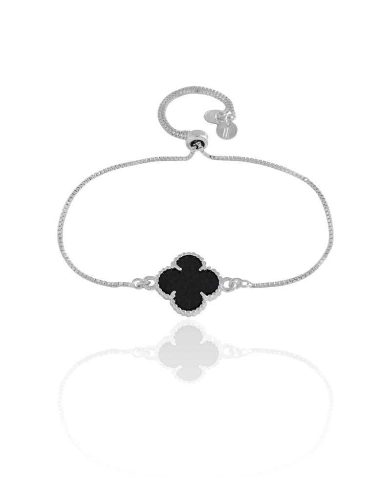 Pulseira Trevo Preto Fecho Gravata Ródio Branco