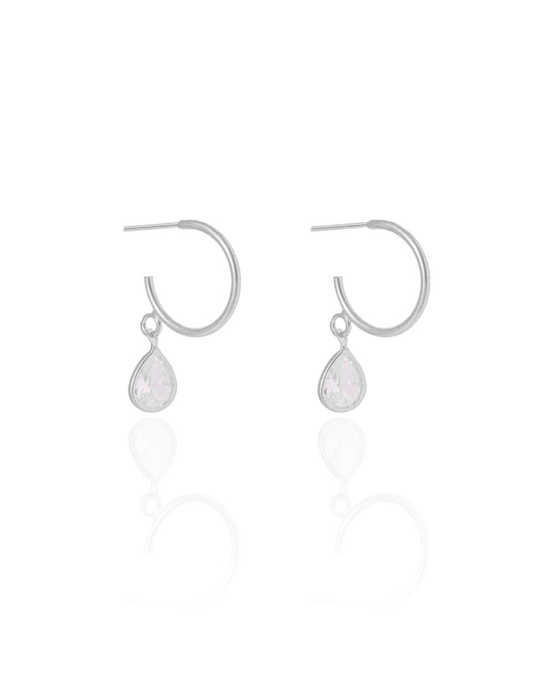 Brinco Argola Fio Gota Cristal 2.6 cm Ródio Branco