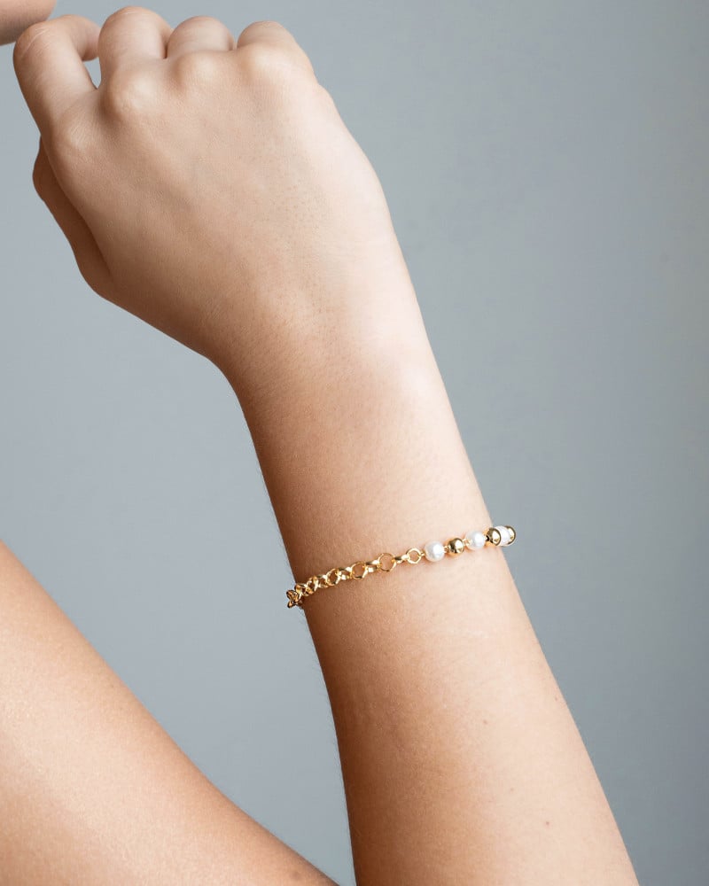 Pulseira Elos com Bolas e Pérolas Banhado a Ouro 18K