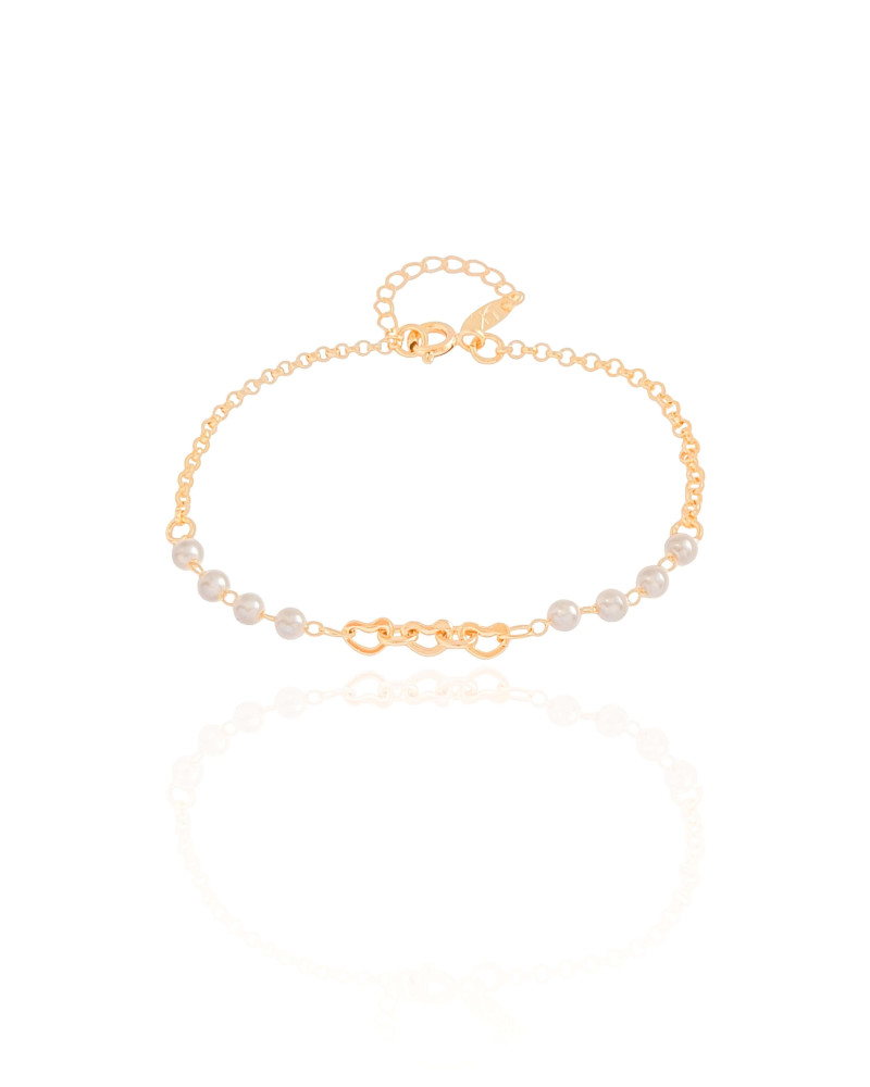 Pulseira Infantil Pérolas Corações Vazados Banhado a Ouro 18K