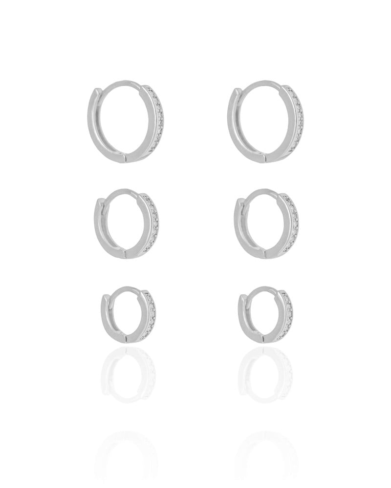 Trio de Argolas Cravejadas Cristal Ródio Branco
