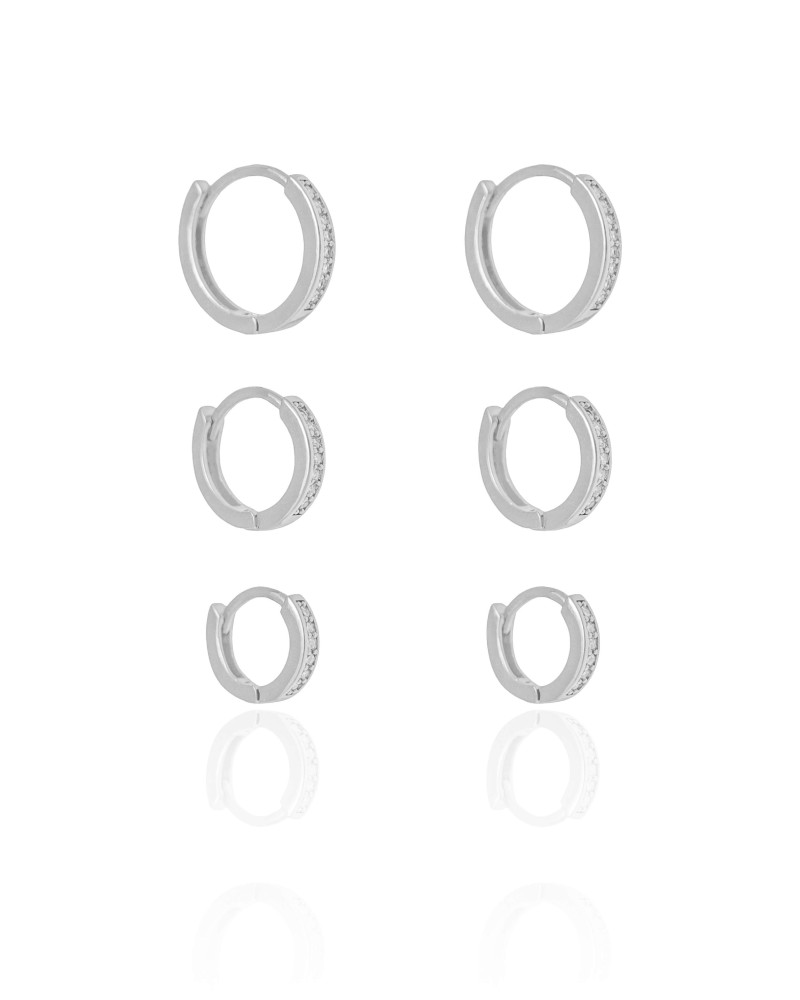 Trio de Argolas Cravejadas Cristal Ródio Branco
