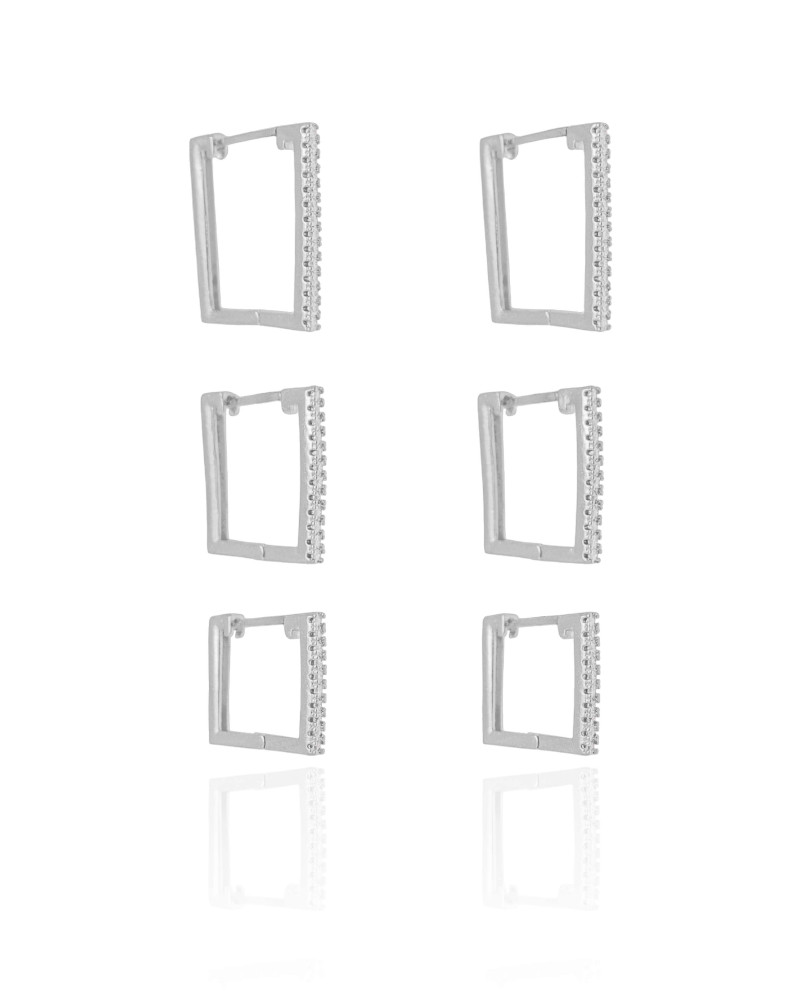 Trio de Argolas Retangulares Cravejadas Cristal Ródio Branco