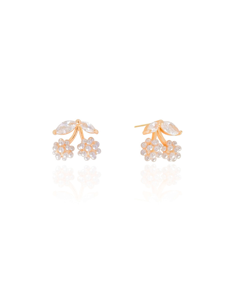 Brinco Cereja Pérolas Navetes Cristal 1.4 cm Banhado a Ouro 18K