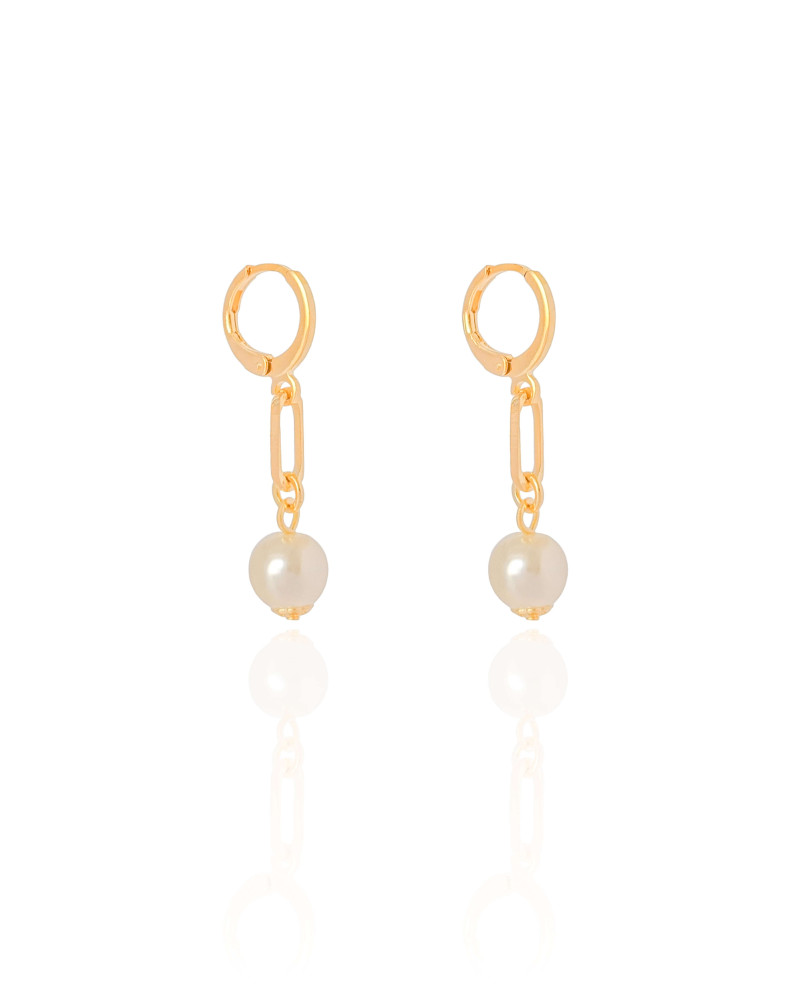 Brinco Argola Click Elo Oval Pérola 3.5 cm Banhado a Ouro 18K
